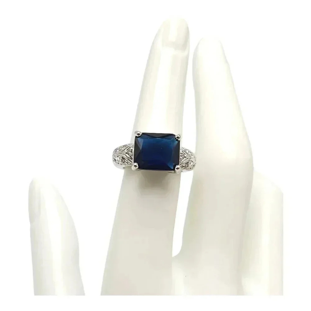 Square Shape Blue Faceted Crystal Victorian Style Ring Silver Tone Vintage Size6